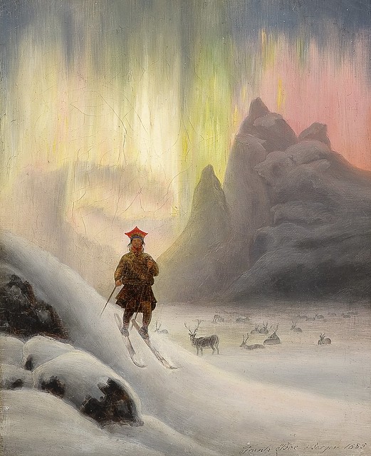 Sami on skis in northern lights, by Frants Bøe, 1885. Samisk mann på ski i nordlyset - aurora borealis.