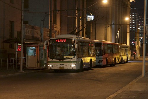 Lineup of trolleybuses at the route 20 terminus in Shanghai