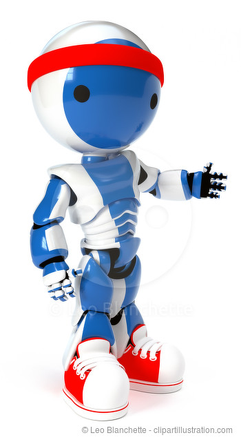 Robot with red shoes and headband ready to run