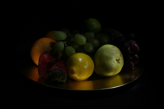 Fruit arranged on a gold platter