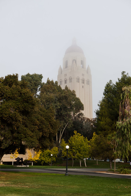 Stanford campus fog, Hoover Tower