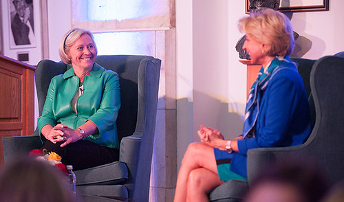 President Emerita of Princeton University and member of the Harvard Corporation Shirley Tilghman, PhD speaks with HMSLXX Co-chair Julia Haller, MD '80