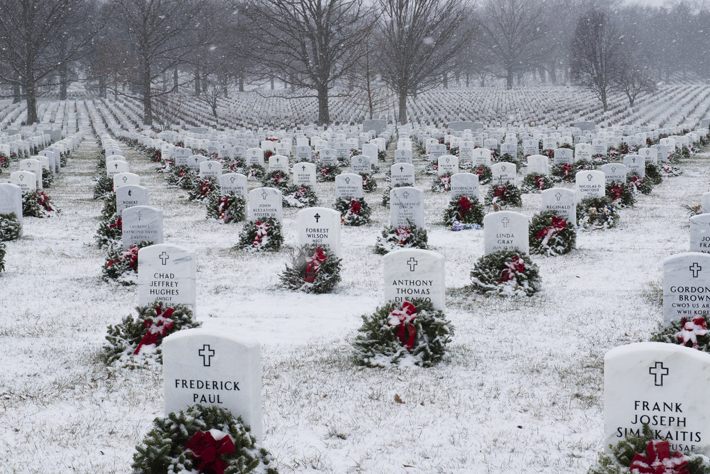 Snow falls in Arlington National Cemetery