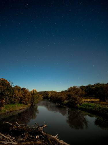 bridge autumn trees sky reflection fall nature water leaves wisconsin night rural train river dark stars landscape star october glow view unitedstates bright trail moonlight late 12mm pecatonica 2014 f20 browntown rokinon cheesecountrytrail