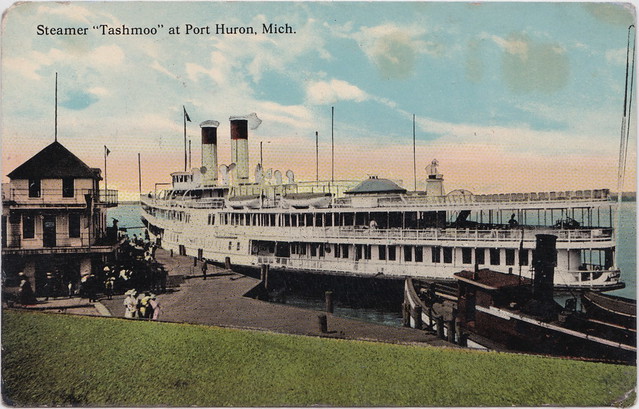 SHIP Port Huron MI c.1907 THE STEAMER EXCURSION FERRY SS TASHMOO & TUG at the Port Huron Ferry Docks ready to return Downriver to St Clair Harsens Island San Souci Detroit & other stops along the way
