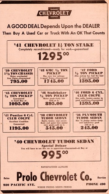 Used Car Ad, Prolo Chevrolet Co., 1-27-49