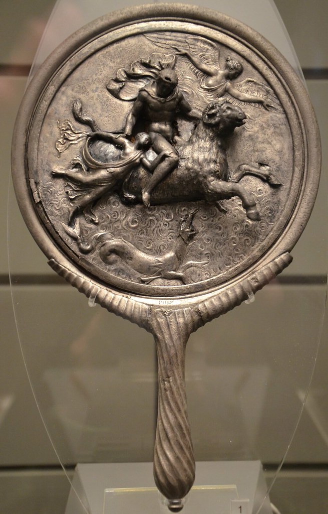 Silver mirror with elaborate relief on the backside depicting an episode of the myth of Phrixus and Helle from the ancient Greek legend of the Golden Fleece, end of 2nd century AD, Palazzo Massimo alle Terme, Rome