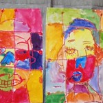 笹山幼稚園　課外　絵画造形教室カラフル自画像(混色を楽しもう！) 線描で自画像描いてもらって、12個マス目つくってもらい赤、青、黄色、緑、黄緑、赤紫、青紫、橙、 絵の中でちゃんとわかるように塗れました！ ピエロみたいな自画像が楽しくてみんなに見せてまわっていましたね！