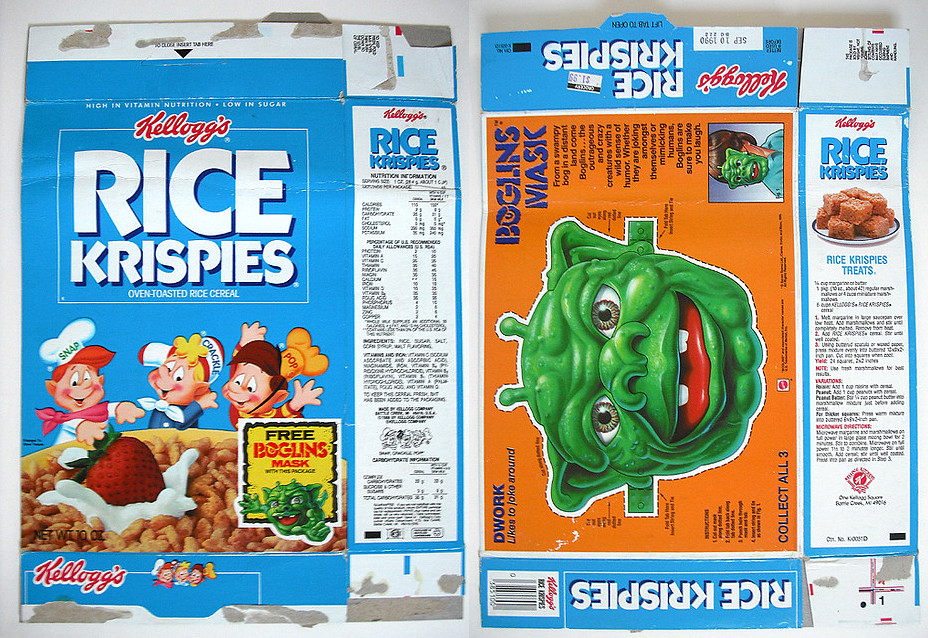 1989 Kellogg's Rice Krispies Boglins Cereal Box Boglin