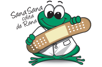 Cartoon drawing of a frog dressed in a doctor's coat and holding out a large band aid. On the upper left-corner, there is text that says, "Sana, sana, colita de rana"