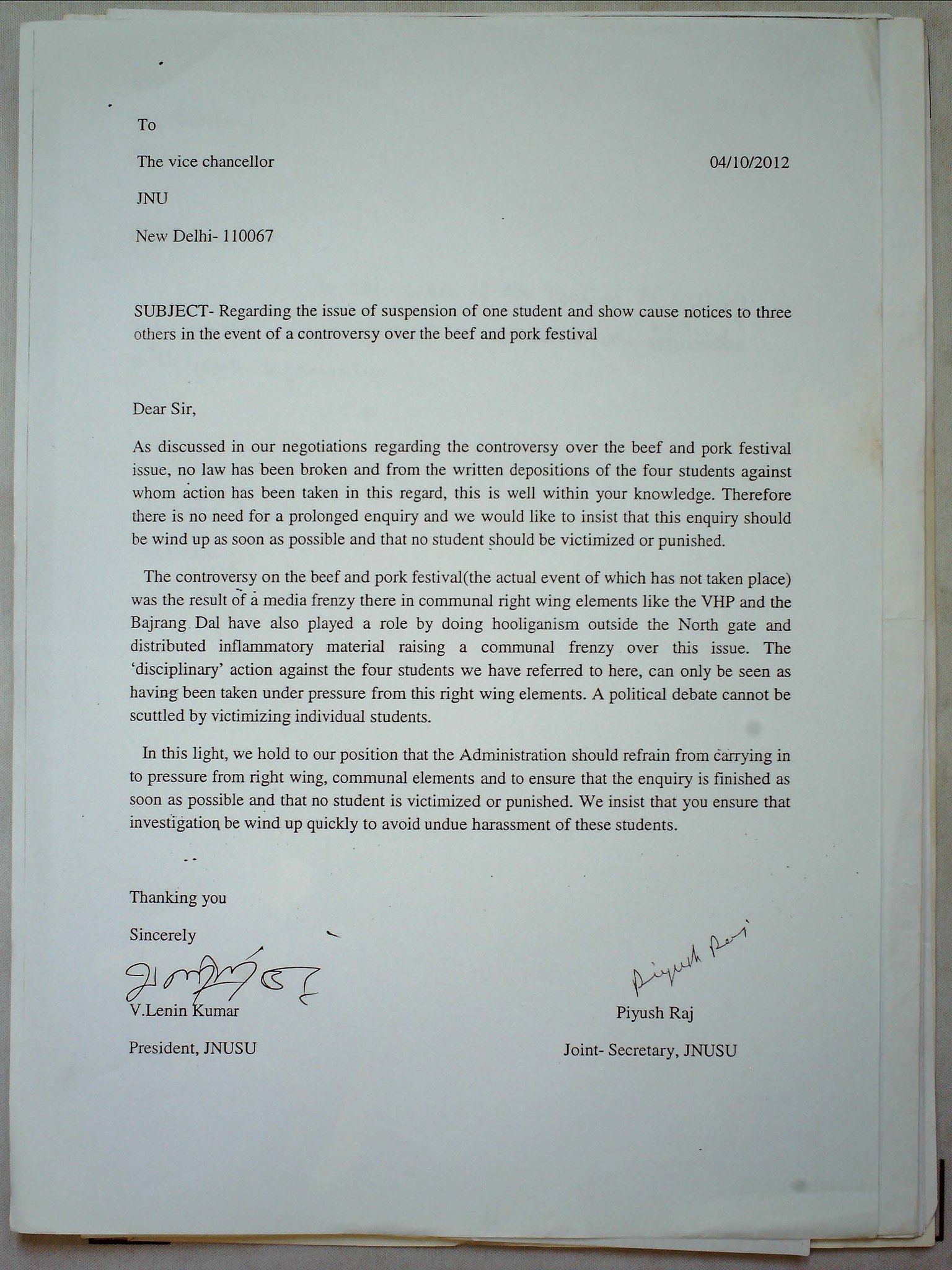 PaRCha - JNU - Letters to Administration - 2012 ID-66464