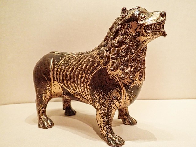 Medieval Aquamanile (vessel used to dispense water for ritual cleansing) in the form of a Lion North French or Mosan 1200 CE Bronze with traces of gilding