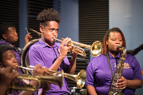 Edna Karr High School Brass Band at WWOZ for Cuttin' Class.  Photo by Kate Gegenheimer, Marigny Photography