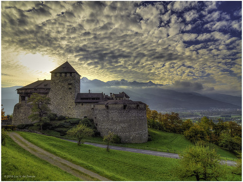 castle clouds meadow mountain sunset trees vaduz liechtenstein