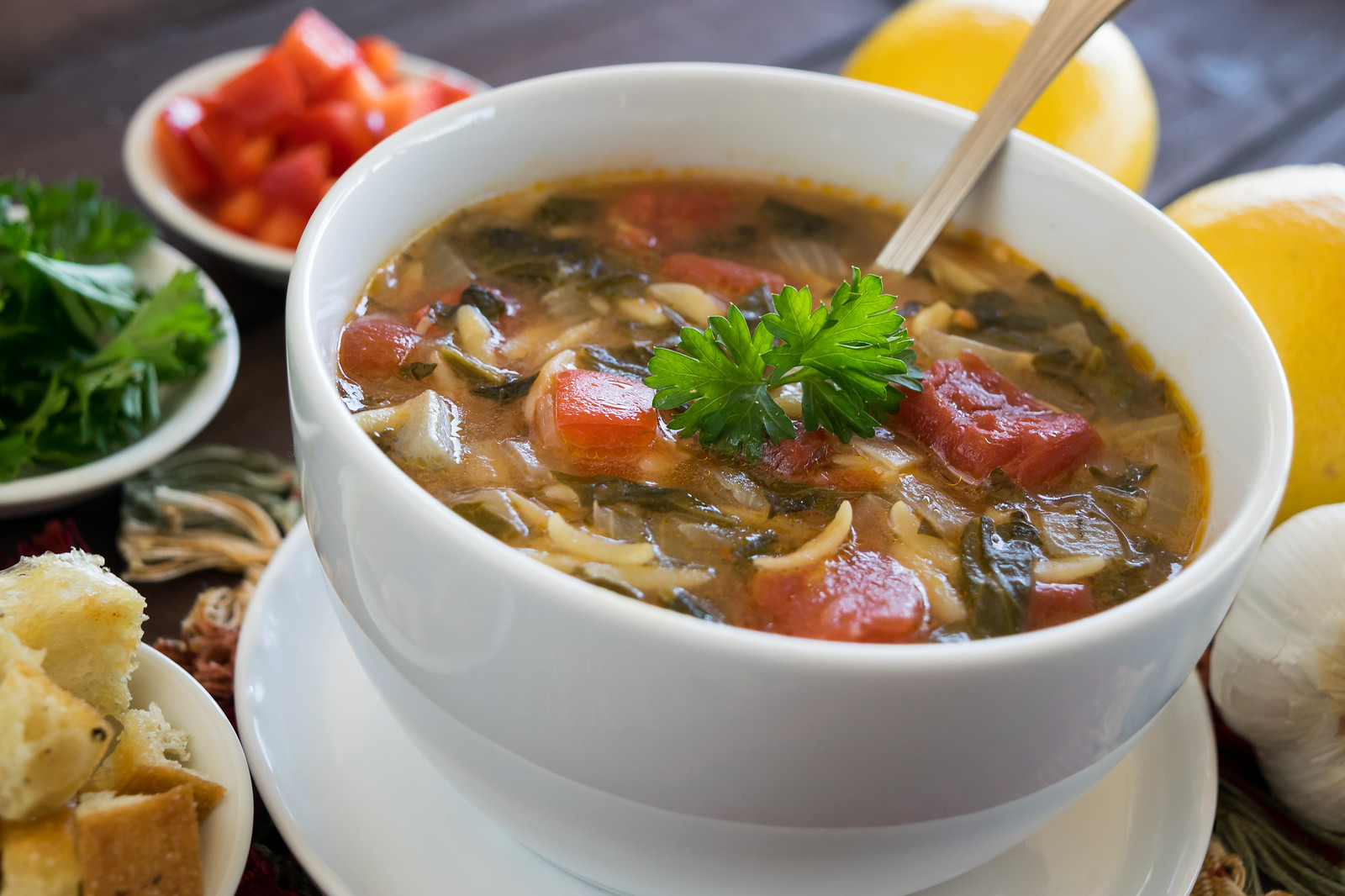 a hot bowl of greek spinach and orzo soup
