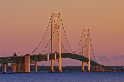 the mackinac bridge / straits of mackinac by twurdemann, Summer sunset and the Mackinac Bridge / Straits of Mackinac, as seen from Bridge View Park, St. Igna