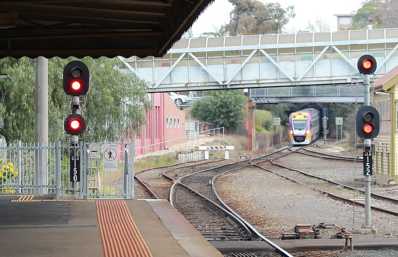 Melbourne-bound train approaches Geelong station