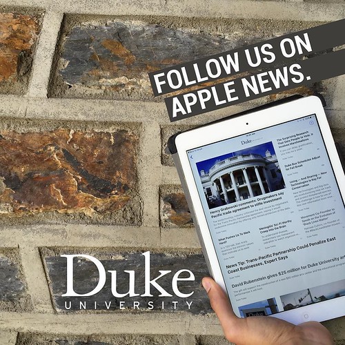 Duke has a news channel on the Apple News app! Make sure you've updated to the latest iOS 9 release and you'll see the Apple News app on your device. Just click through, search for Duke News, and you're all set. Or just punch in bit.ly/DukeAppleNews.