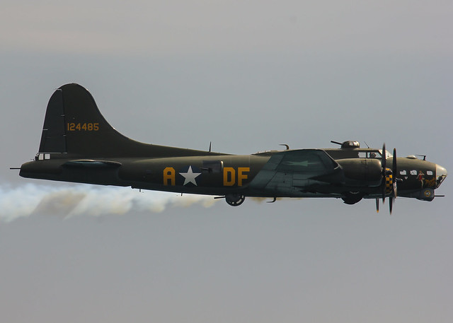 Boeing B-17 Flying Fortress 'Sally B' smoke on - Bournemouth Air Festival 2015
