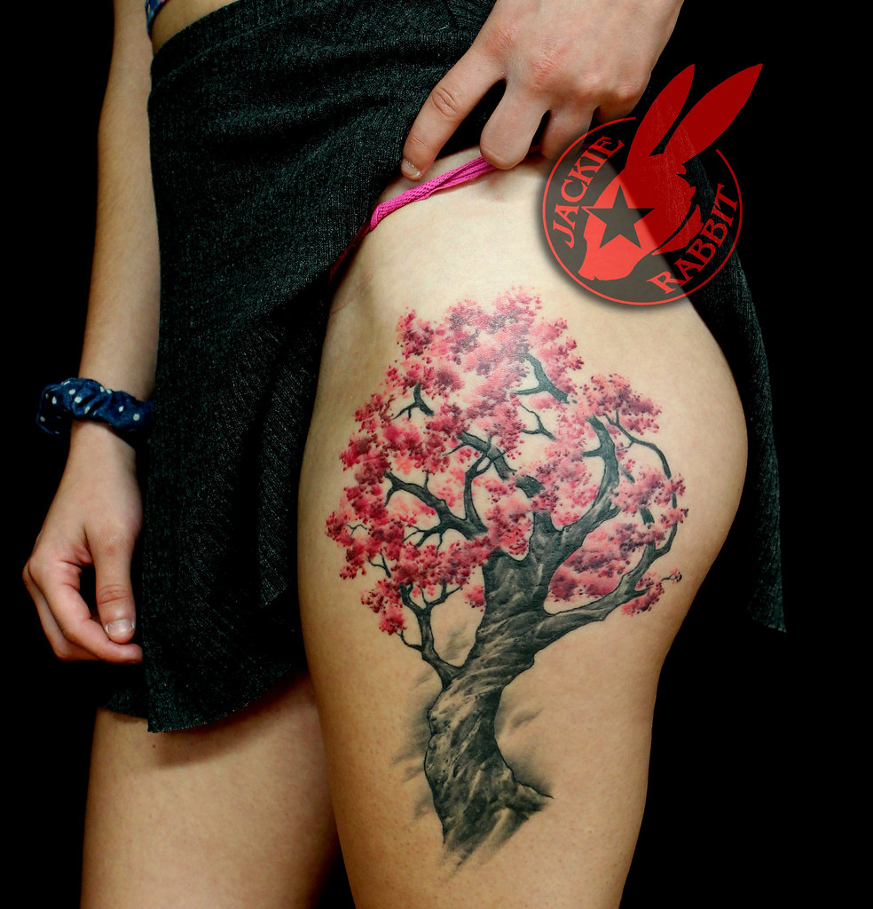 Cherry Blossom Tree Thigh Tattoo by Jackie Rabbit.