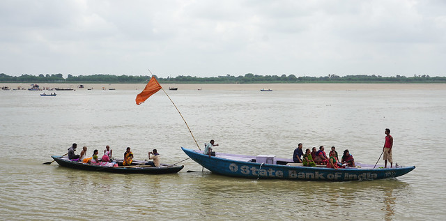 Tourist boats on the sacred Ganges river in Varanasi