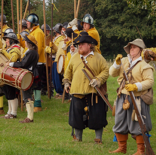 Drummers, pikenen and musketeers of the Sealed Knot prepare to do battle at a re-enactment of the Siege of Basing House, an event in the  English Civil War