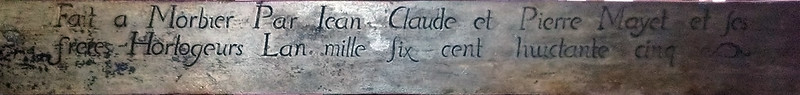 Inscription sur la mécanisme de l'horloge de l'église d'Orgelet