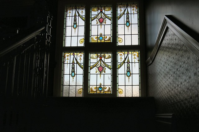 10th October 2015. Stained Glass in Barclays Bank at Beamish Museum, County Durham