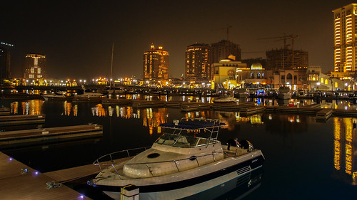 sea reflection water night port harbor boat harbour yacht olympus pearl doha qatar e420