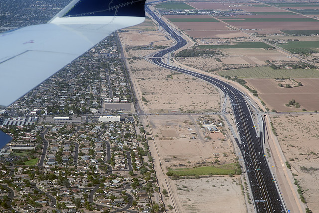 Aerial view of Scottsdale, the Salt River Reservation, and the Pima Freeway, Arizona