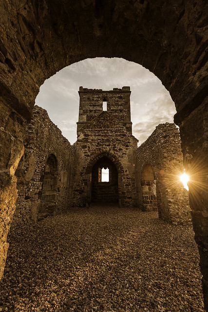 The ruins of medieval Knowlton church. Dorset, UK