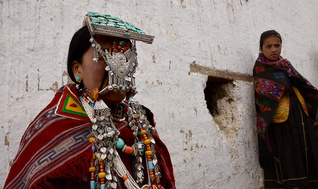 Spiti woman  with traditional silver perak, at Kibber village