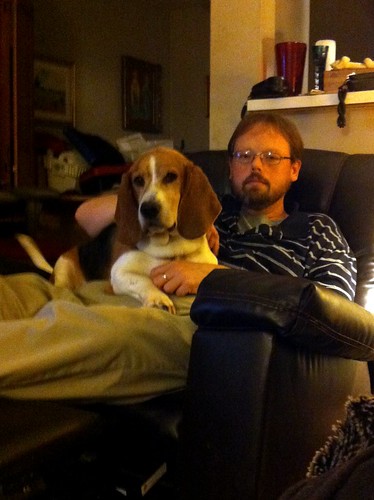 elvisthebassethound dog pets husband humor viewfrommychair thisiswhat20yearsofmarriagelookslike maninchairwithdog photoseries love quietnightsathome stripedshirt documentary family iphoneography iphone4