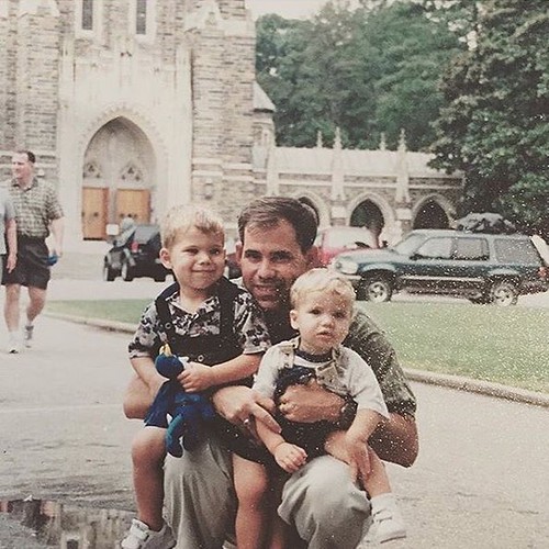 @cameron_esses, now a Duke freshman, says he remembers visiting campus with his father (Class of '86) and his younger brother when they were both very young. That is him clutching the Blue Devil on the left! ‪#dukefw2015‬ #FBF (???? credit: @cameron_e