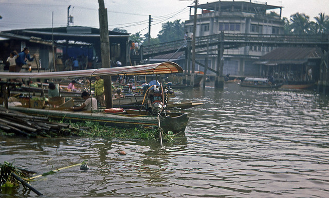 Boats along canals (klongs) Old Bangkok, Thailand. Photo No.2 of 3 . August 1976