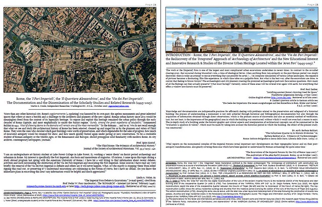 ROMA ARCHEOLOGICA & RESTAURO ARCHITETTURA: Rome, the ‘I Fori Imperiali’, the ‘Il Quartiere Alessandrina’, and the ‘Via dei Fori Imperiali’: The Documentation and the Dissemination of the Scholarly Studies and Related Research (1995-2015).