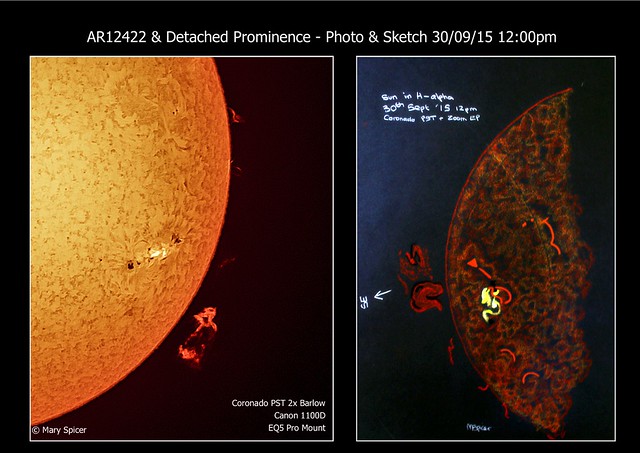 AR12422 & Detached Prominence in H-alpha, Image & Sketch 12pm BST 30/09/15
