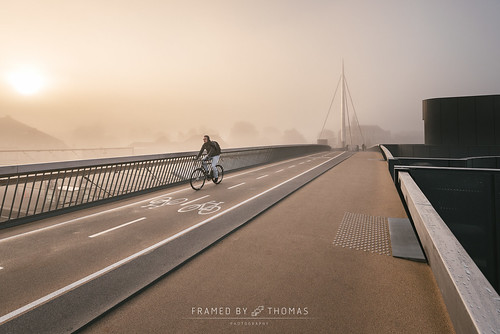 city morning bridge urban bike bicycle misty fog sunrise work denmark foggy bro odense byens