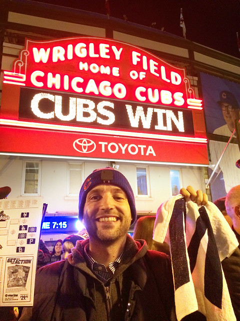 Wrigley Field marquee, me with Cubs W towel and my scorecard