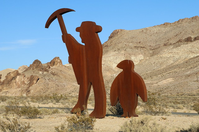 Prospector & Penguin, Iron Sculpture, Goldwell Open Air Museum, Ghost Town of Rhyolite, Nye County, Nevada, 2016