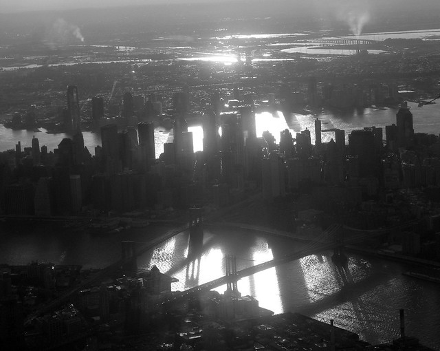 Manhattan from the air at sunset