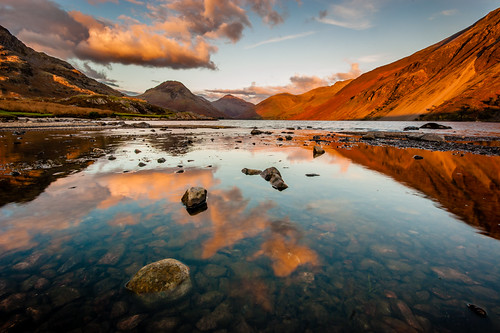 england united kingdom gb wast water wasdale lake district sunset reflections reflect rocks sky still autumn orange mountains north west october outdoor