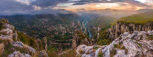 autumn sunset sky panorama mountain mountains beautiful clouds river landscape village bulgaria dreamy lakatnik iskar