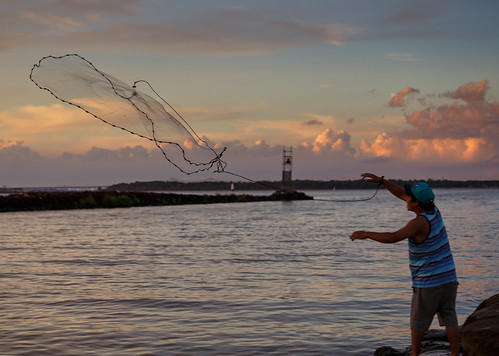 Cast Net Fishing by Dalliance with Light (Andy Farmer), Cast net fishing in Raritan Bay at dusk.ocean sunset people water landscape us newjersey fishing uni