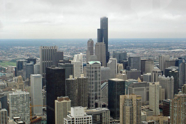 Sears Tower towering over Chicago buildings, from Hancock Building - 7/21/06