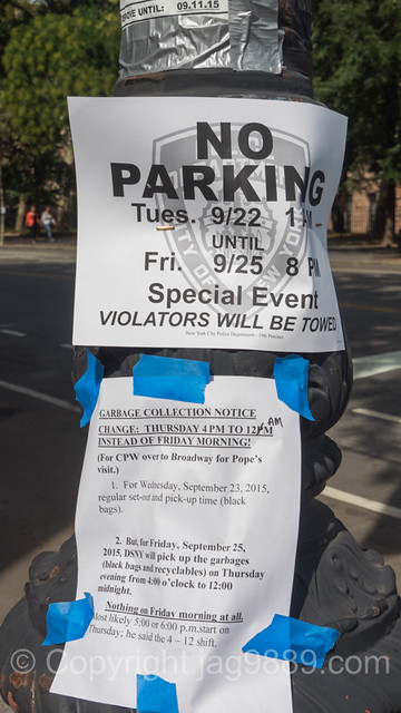 Pope Francis New York Visit 2015: No Parking Sign on Central Park West, New York City
