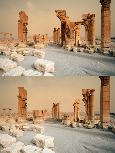 Updated record of the ongoing destruction of the Arch of Triumph, Palmyra, Syria. Gradually destroyed by Islamic State (ISIL) between 4th October and 3rd November 2015.