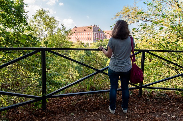 Person wearing gray T-shirt and jeans stands at a metal railing overlooking a green valley and a distant red-brick building.