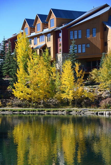 Fall Colors reflected with homes, Brekenridge, Colorado