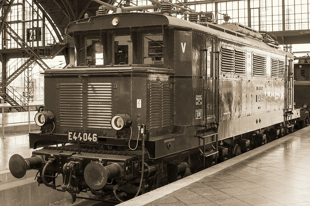 Leipzig Hauptbahnhof (central station). Historic locomotive E44 046.